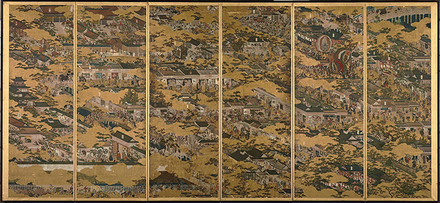 図11──京都市中とその周辺を描いた、岩佐又兵衛〈洛中洛外図〉1615。（「洛中洛外図」wikipedia）