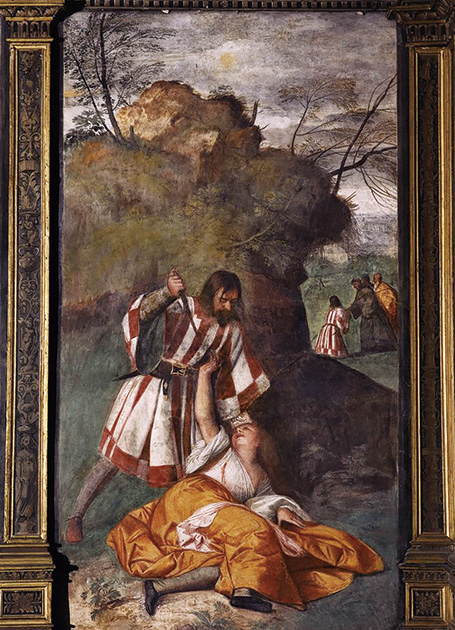 図19──縞柄の人物が手前と右奥の2ヵ所に描かれている。ティツィアーノの「異時同図法」による〈嫉妬深い夫の奇跡〉1511。（「Tiziano Vecellio」Wikipedia）